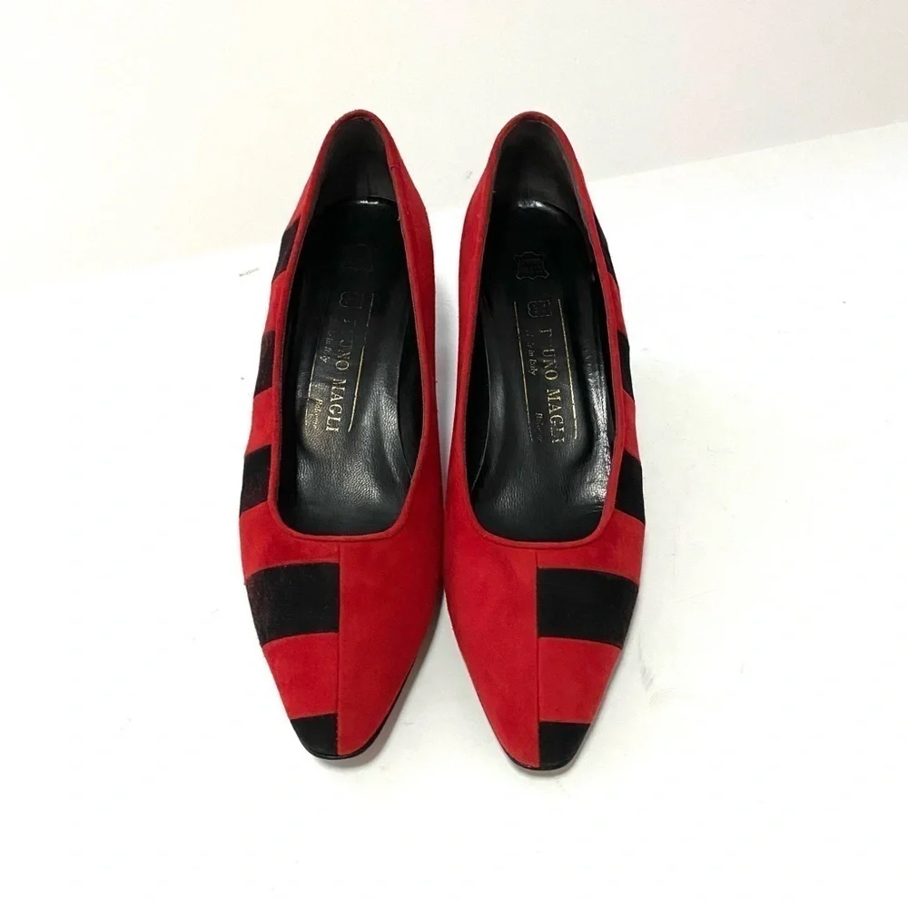 Vintage Bruno Magli Italian Black Red Suede Kitten Heel Pumps Shoes Size 7AA Y2K